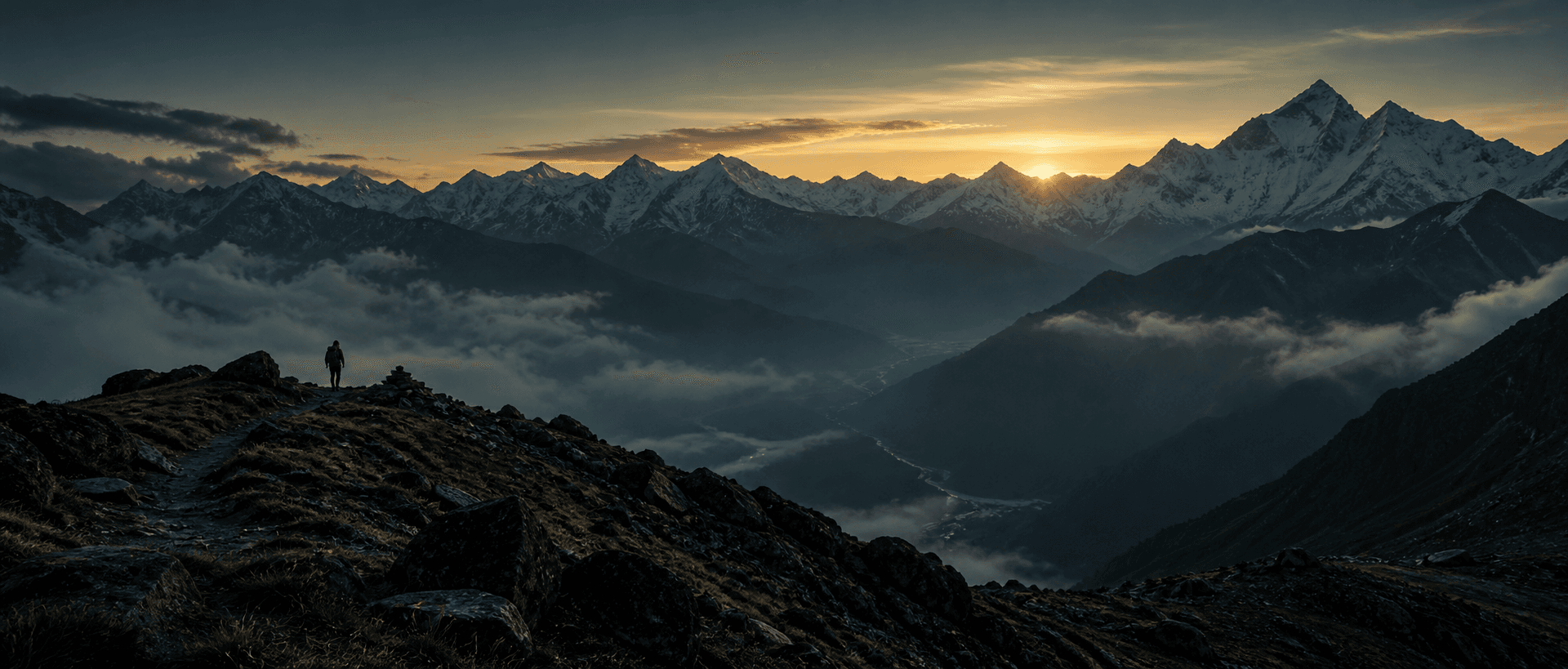 A lone trekker crossing a Himalayan ridge at first light